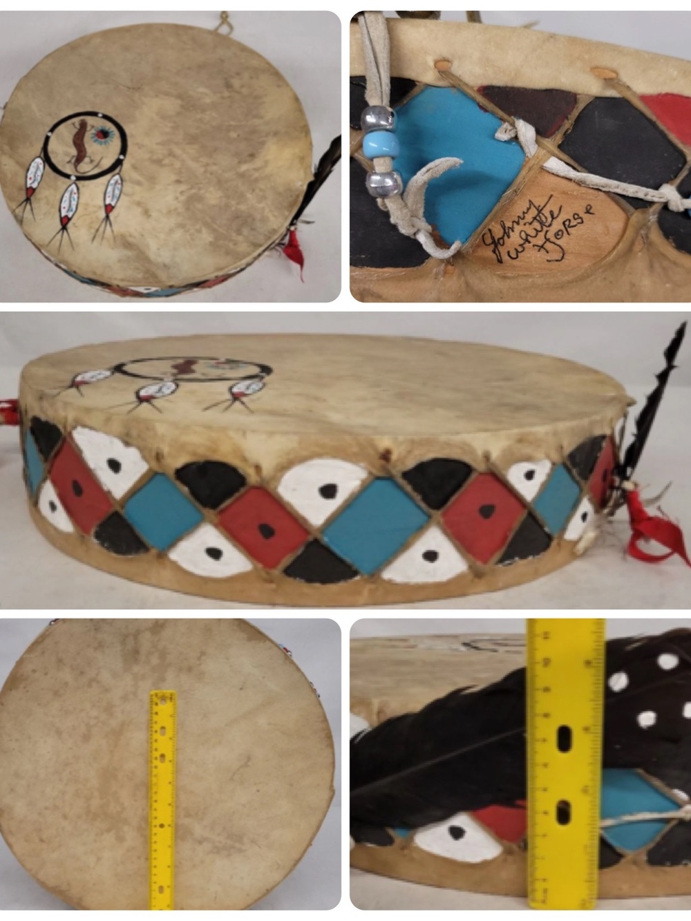 Johnny White Horse Signed Native Style Hand Painted 16" Rawhide Drum